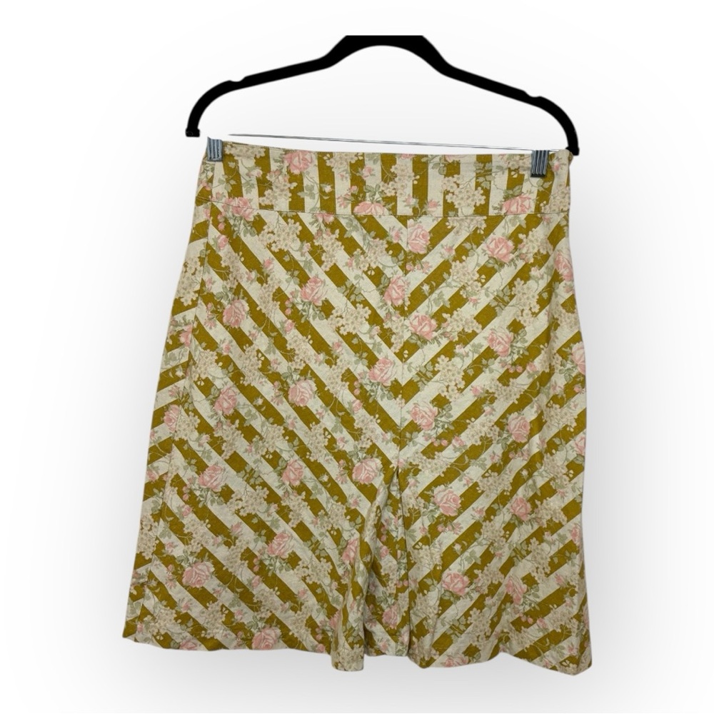 AMI Vintage Floral Linen A-Line Skirt Olive Pink Cottagecore Y2K Size 8
